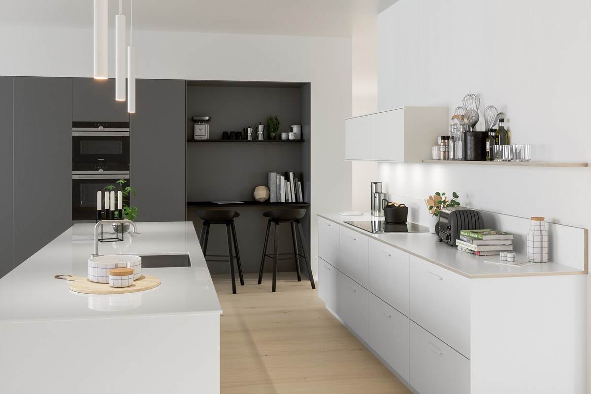 Slette hvite kjøkkenfronter på stor kjøkkenøy